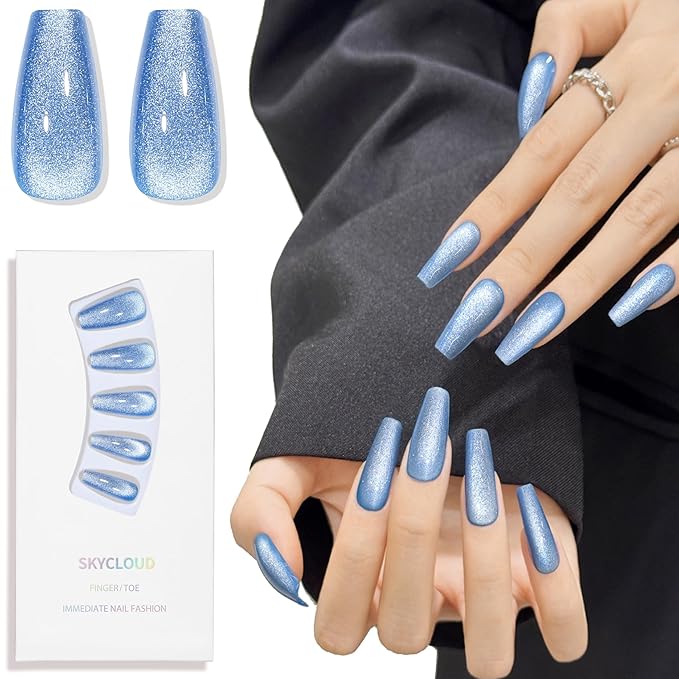 Blue Cat Eyes Press On Nails,12 Sizes-24 Pcs Soft Gel Medium Coffin Fake Nails Kit with Nail Glue, Natural Reusable Stick On False Nails for Women and Girls (Skycloud Blue Nails) SK0981