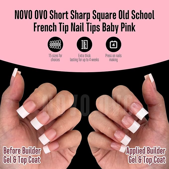 NOVO OVO Old School Wide White French Short Sharp Square Tip Nail Tips Press on BABY PINK, Need Builder Gel Top Coat Nail Glue, Soft Gel Full Cover Fake Nail Extension, for DIY x 15 Sizes 240 pcs