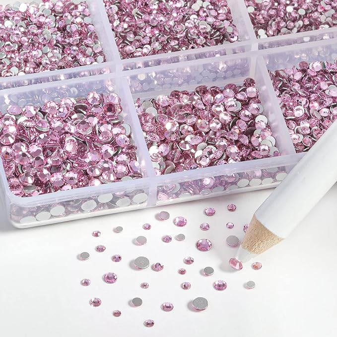 Beadsland 7200pcs Flatback Rhinestones,Pink Rhinestone Nail Gems Round Crystal for Crafts,Mixed 6 Sizes with Wax Pencil Kit, SS3-SS10,Light Rose/Light Pink