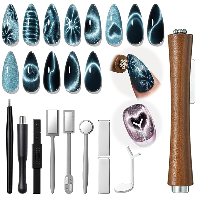 modelones Cat Eye Magnet Set for Nails, Heart Cateye Powerful 3 IN One Magnetic Pen Nail Design Square Double Head Round Magnets Tool Glassy Moon French Flower Cats Eye Effect Manicure DIY Gift