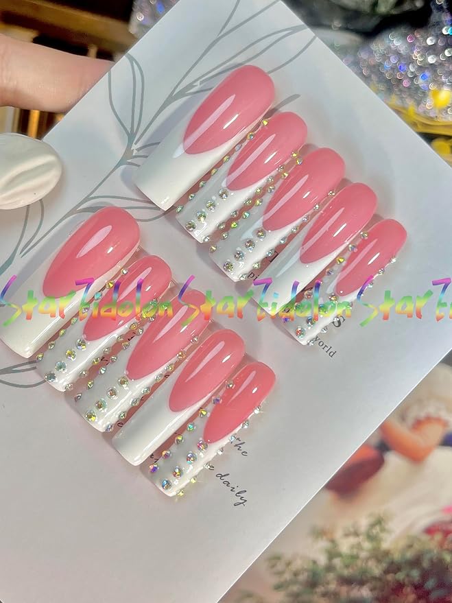 HAND-PAINTED White Press Ons Neon Small Press on Nails Long French Press on Nails Coffin Medium Short Nail art Fake Nail Art Kit with 7g Glue on Nails Handmade Almond Square Nails (Large, J1)