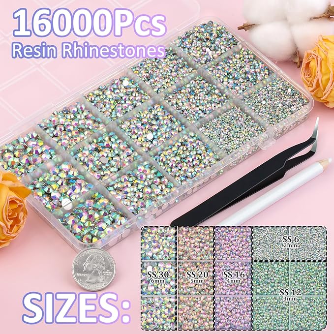 16000Pcs Resin Rhinestones with Tweezers for Crafting, AB 2-6mm Mixed Sizes Non Hotfix Flatback Gems, Bedazzling Crystal for DIY Crafts Clothing Tumblers Mugs Shoes Fabric Decor Nail Art