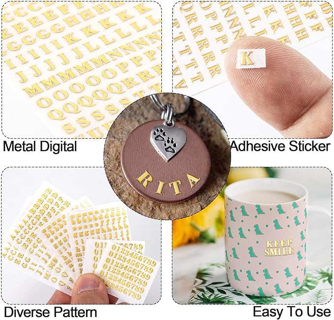 ANCIRS 24 Pack Resin Mini Letter Stickers for Nail Art, Glittering Epoxy Alphabet Number Stickers, Self Adhesive Scrapbook Stickers for Decoration Christmas DIY Craft- Gold