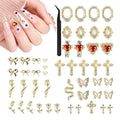 Beetles Gold Nail Charms Set 54PCS Metallic Nail Art Tools Bows Cross Butterfly Heart Pearl and Flowers 3D Nails Charms and Gems for Nails Art Design Gold Metal Manicure Accessories