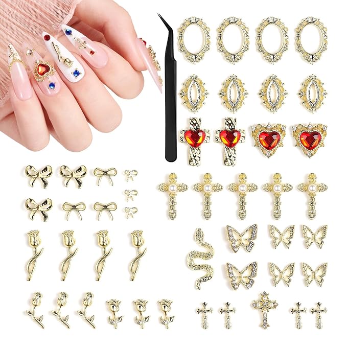 Beetles Gold Nail Charms Set 54PCS Metallic Nail Art Tools Bows Cross Butterfly Heart Pearl and Flowers 3D Nails Charms and Gems for Nails Art Design Gold Metal Manicure Accessories