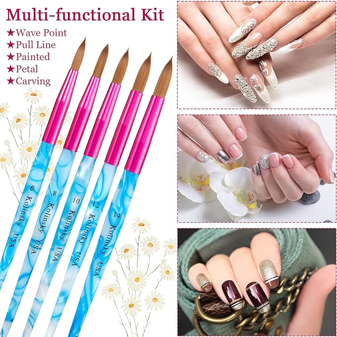 5 Pieces Kolinsky Nail Brush Set - Acrylic Application Brushes With Crimped Shaped Handle for Nail Art Manicure - Sizes 6, 8, 10, 12, 14 (Pink, Blue and White)