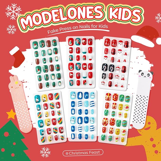 Modelones Christmas Press on Nails for Kids 144Pcs 6 Pack Children Girls Toys 8-10 Acrylic Fake Nails Pre-glue Full Cover Snowflake Red Xmas Short False Nail Art Kits Sets Gifts For Kids Girls