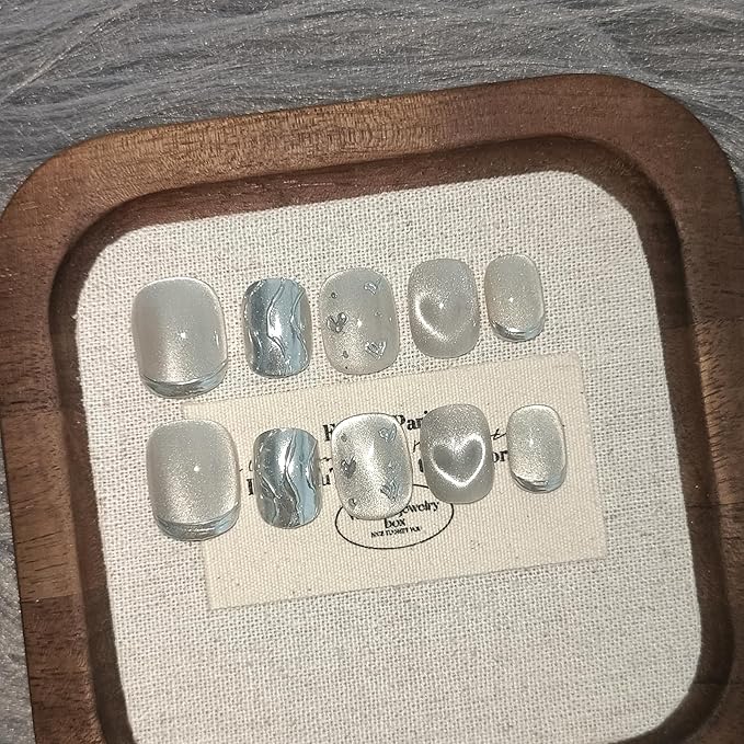 Press on Nails Short Squoval Square, Diamond Dust Hearts Holographic False Nails,Cat Eye Glow Glue on Nails,Icy Shimmer Fake Nails Kit,Luxe Sweet Ins Design False Nails with Tools 10pcs(L)