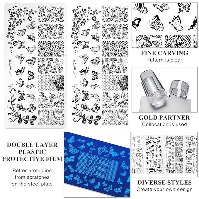 7pc Nail Stamping Plate Kit Flower Butterfly Nails Stamp Plate Lace Animal Nail Art Template Stencil Fingernail Polish Stamps Plates Set Silicone Stamper Scraper French Nails Design Tools
