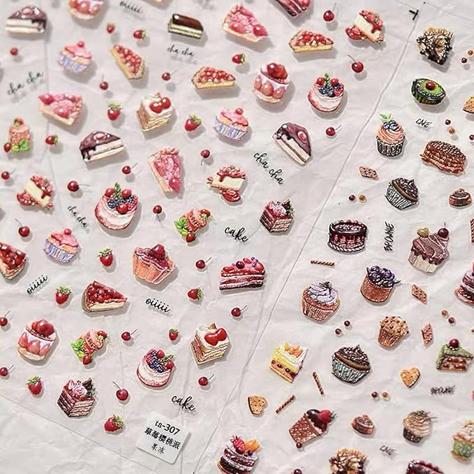 Dedyel Food Nail Art Stickers 3D Cake Dessert Donut Ice Cream Cookies Fruit Bread Self-Adhesive Nail Stickers for Women Girls Kids
