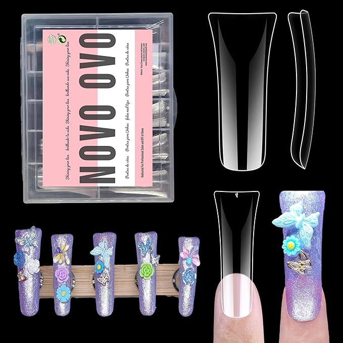 NOVO OVO 120 pcs Extra Long Duck Nail Tips Full Cover for Acrylic, Clear XL XXL Flare Feet Nails Press On, Y2K Vibe Wide French Soft Gel False Nail Extension for Art Salon x 12 Sizes in Box