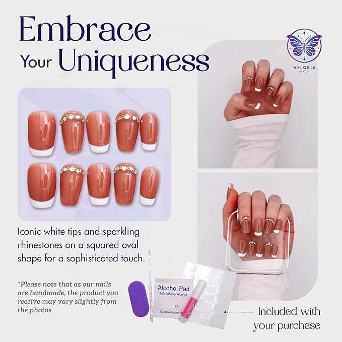 3D Handmade Press On Nails, Medium Square Oval Shaped w/Rhinestones & White Tips, Acrylic, Gel, Reusable Kit, For Women & Girls Daily Wear or Special Occasion (Chic French - S)