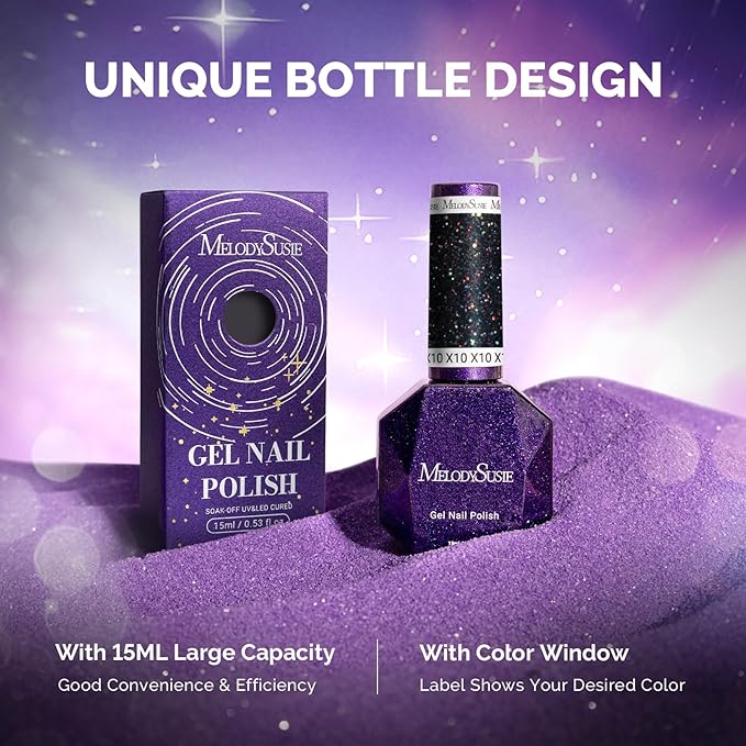 MelodySusie Galaliver Black Glitter Gel Nail Polish, 15ML Sparkly Shimmer Black Gel Polish Soak Off UV LED Cured Long Lasting Gift for Women DIY Nail Design Nail Art Manicure X10