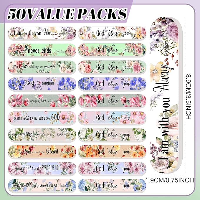 50 Pack Easter Christian Gifts for Women Bulk Mini Bible Verse Scripture Nail Files Floral Emery Boards 10 Styles Christian Religious Appreciation Party Gifts for Women Team Employee Coworkers