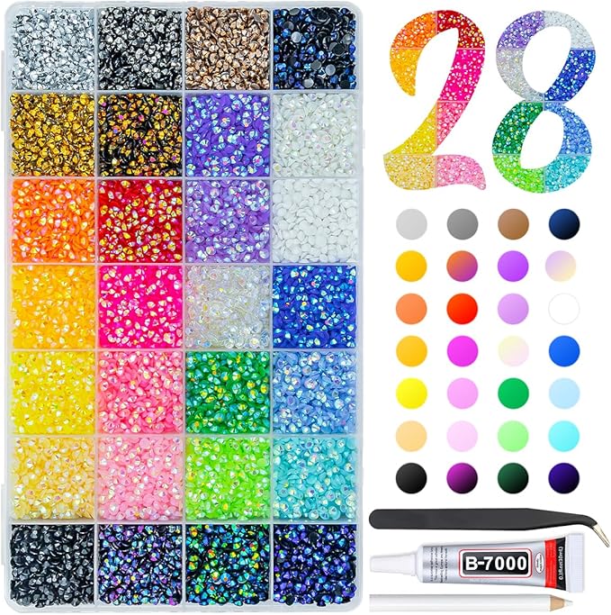 28 Color 4mm Jelly Resin Rhinestones w B7000 Glue for Bedazzling Crafting Flatback Stones Colorful AB Gems Diamonds Bedaazler Kit Charms for Nails Eyes Face Makeup Tumblers Bottles Crafts Shoes