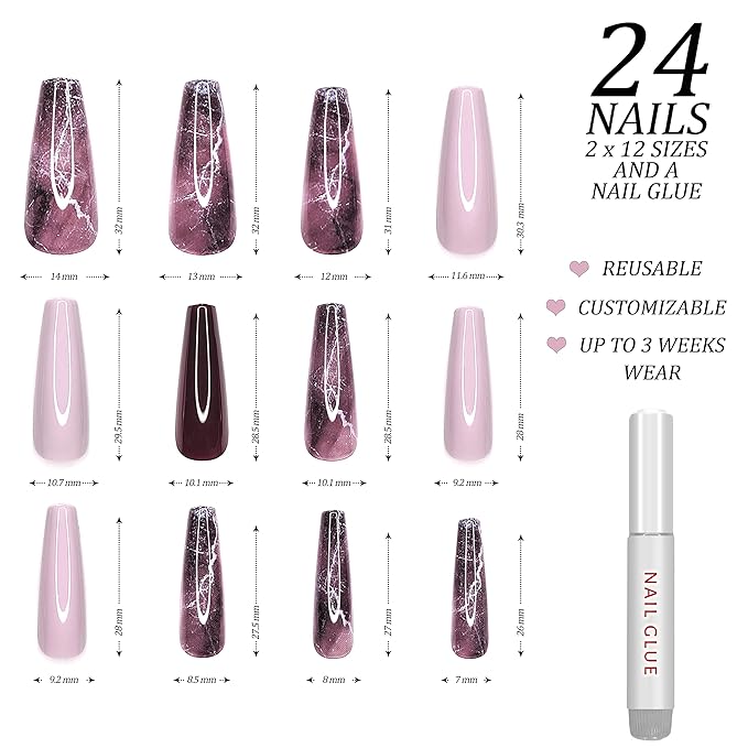 Hypnaughty 24 Pcs Bordeaux Marble Extra Long Coffin Press On Nails and Glue with Light Pink and Solid Bordeaux Reusable XL False Nails (Bordeaux Marble)