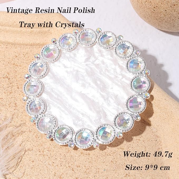 Gel Nail Palette CXUEMH Vintage Resin Nail Art Palette with Pearls, Rhinestones Edge Nail Color Mixer Nail Holder for Painting Nails Nail Art Display Polish Holder Manicure Tool (white (Crystals))
