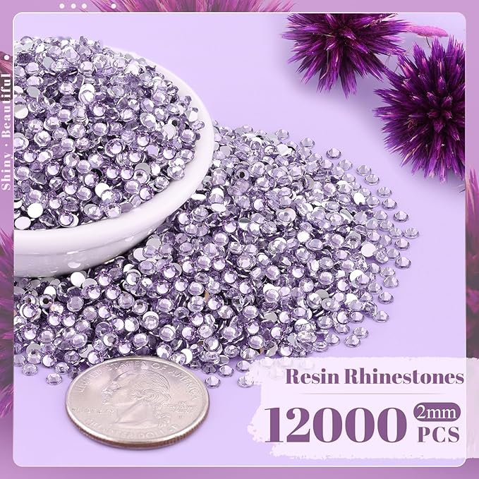 12000PCS 2mm Resin Rhinestones in Bulk (Light Purple), Bedazzling Flatback Crystals Rhinestones for Crafting DIY Nail Decoration, Gems Diomand Charms for Tumbler Shoes Clothing Fabric