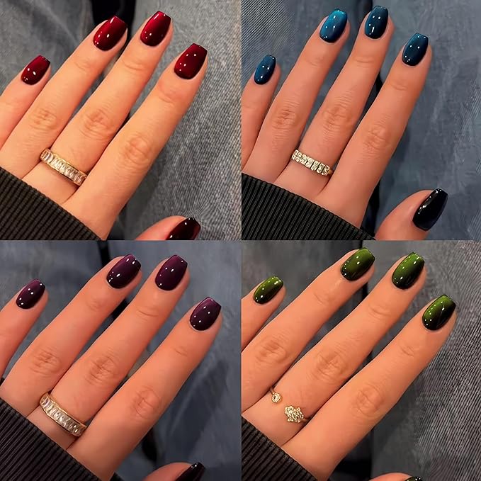 KQueenest 4 Packs Gel Press On Nails Short Coffin, Cat Eye Press On Nails Square, Short Fake Nails Press Ons Chrome Black, Glitter Glue On Nails for Women Small Sizes, Valentine Day Gift Kit 120 Pcs