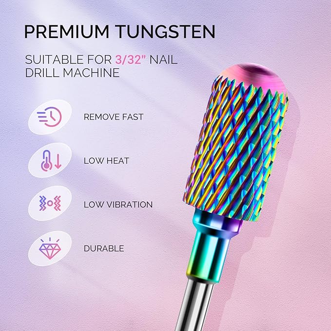 MelodySusie Nail Drill Bits Set, 7pcs Tungsten Carbide Diamond Nail Drill Bits for Acrylic Nails Poly Gel Cuticle Remove, 3/32'' Professional Nail Bits for Nail Drill Efile (A-Colorful)