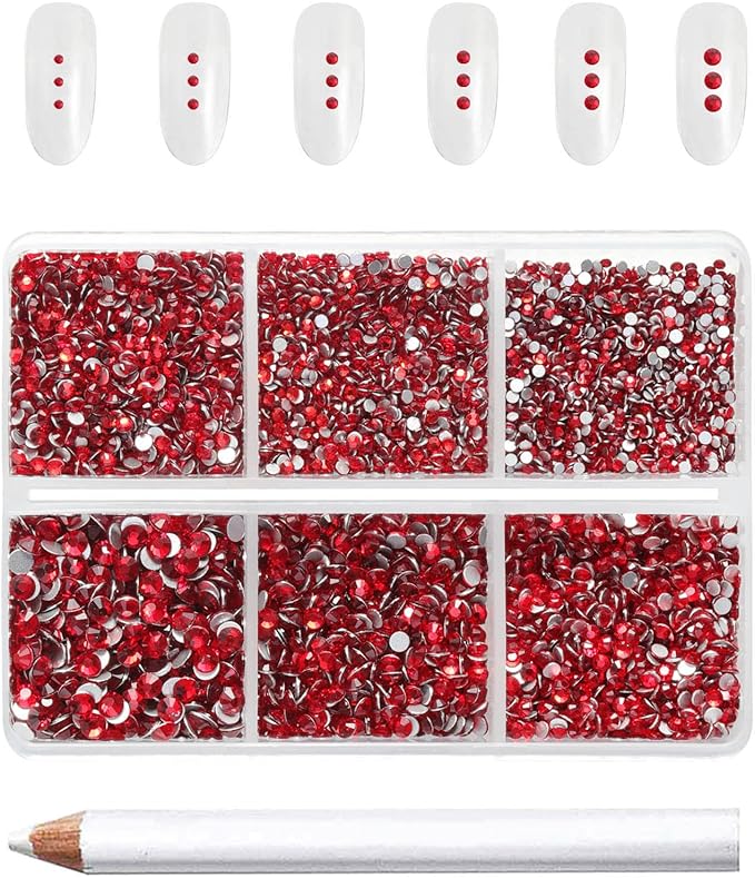 Beadsland 7200pcs Flatback Rhinestones,Red Rhinestone Nail Gems Round Crystal Rhinestones for Crafts,Mixed 6 Sizes with Wax Pencil Kit, SS3-SS10,Siam