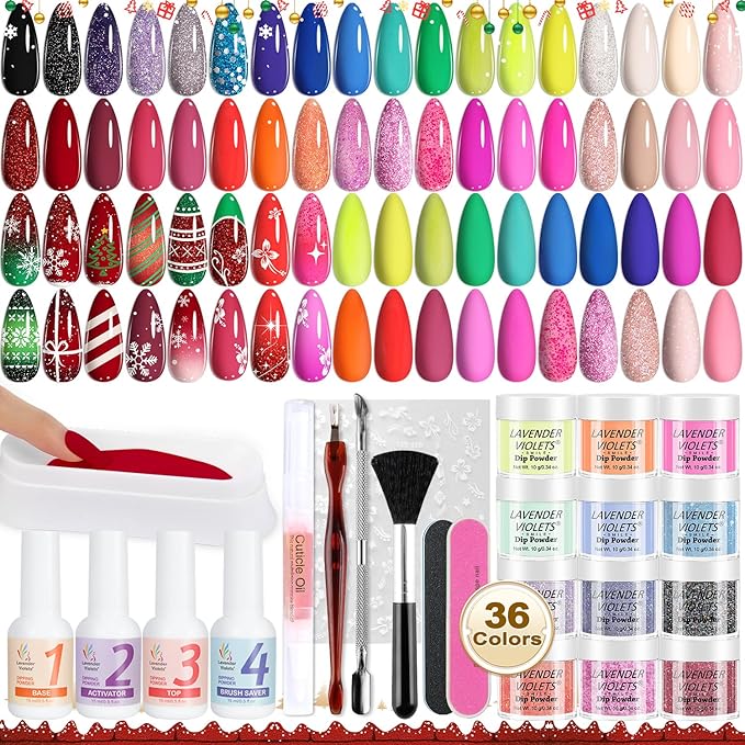 Lavender Violets 48 Pcs Dip Powder Nail Kit Starter, 36 Colors Pink Red Yellow Green Blue with Dip Powder Liquid Set and Essential Manicure Tools for Nail Art Designs B950
