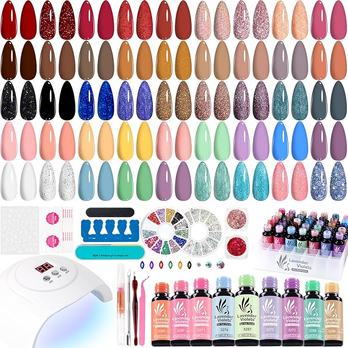 Lavender Violets 73 Pcs Gel Nail Polish Kit with U V Light, 45 Colors with Nail Primer,Builder Base,Matte & Glossy Top Coat Soak Off Manicure Tools Gifts for Women LA07
