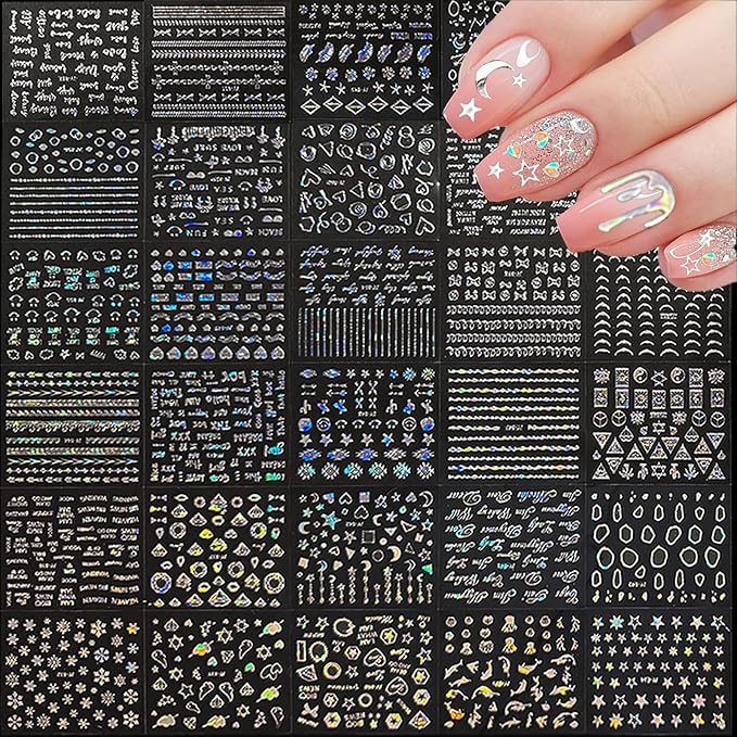 90 Sheets Nail Stickers for Nail Art, Flower Nail Art Stickers Gold Silver Line Star Floral Nail Decals for Nails Design, Aurora Nail Decor Nail Accessories for Women Girls