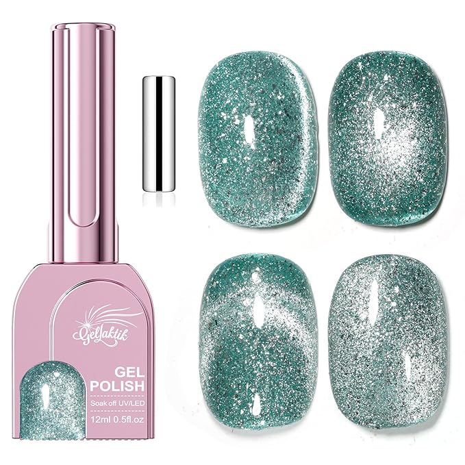 Green Cat Eye Gel Nail Polish with Magnetic Stick - 12ML Glitter Magnetic Nail Polish for Multiple 3D Effects, Soak Off UV LED Gel Polish for DIY Manicure Salon Gifts for Women
