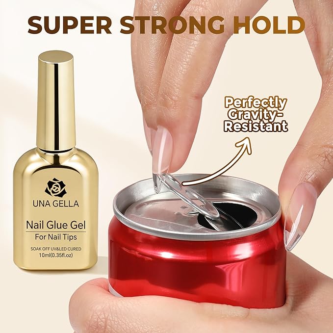 UNA GELLA 9 in 1 Gel Nail Glue U V Light Super Hold for Gel Nails Tips, 10 ml Brush On Nail Glue for Light-Color Press On Nails, Rhinestones, Base Coat, Blooming Art, Acrylic Tips Lamp Needed