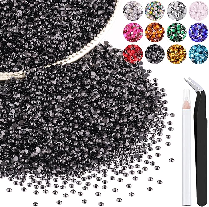 12000PCS 2mm Resin Rhinestones Bulk for Crafting (Black), Flatback Bedazzling Crystals for Crafts DIY Nail Decoration, Gems Charms for Tumbler Shoes Clothing Fabric with Pickup Pen and Tweezers