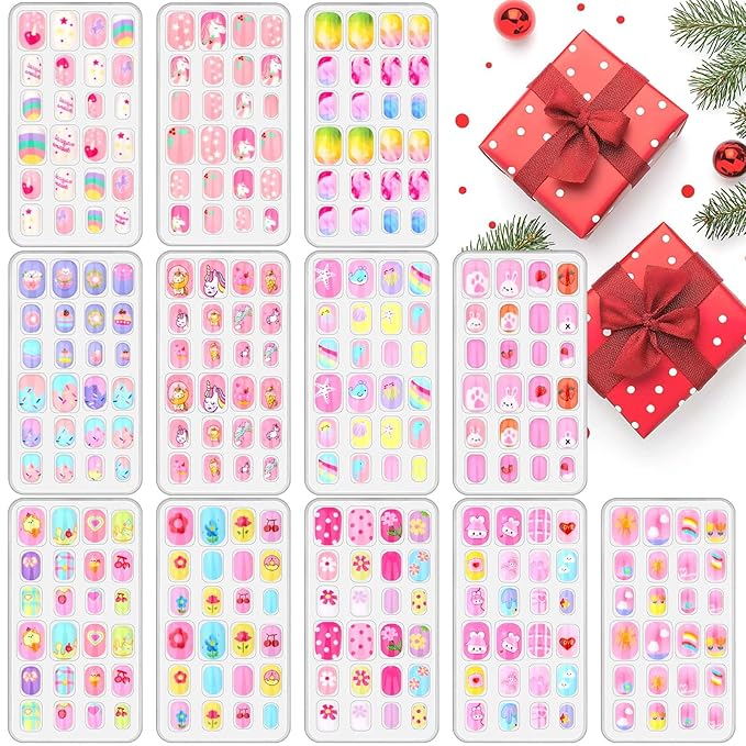288 Pieces Kids Nails Press ons for Girls, Acejoz Fake Nail Set Pre Glue Stick on Short Nails for Children Little Girls 8-12