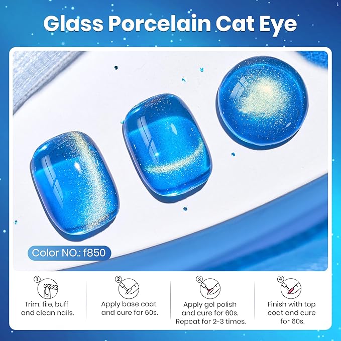 Beetles Blue Cat Eye Gel Nail Polish - 15ML Blue Glass Cat Eye Glitter Magnetic Gel Polish Shimmer Soak Off UV Stellar Whisper Collection Nail Art Design Manicure Gifts for Women