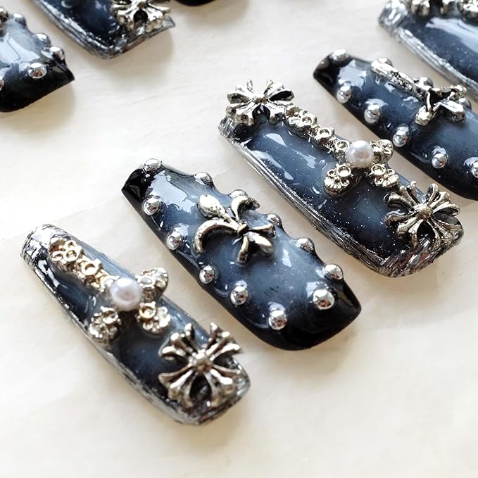 Gothic Press-On Nails, Long Ballerina Shape, Blue with Chrome and Pearl Accents, Handmade False Nail 10 Pieces (Small, LS)