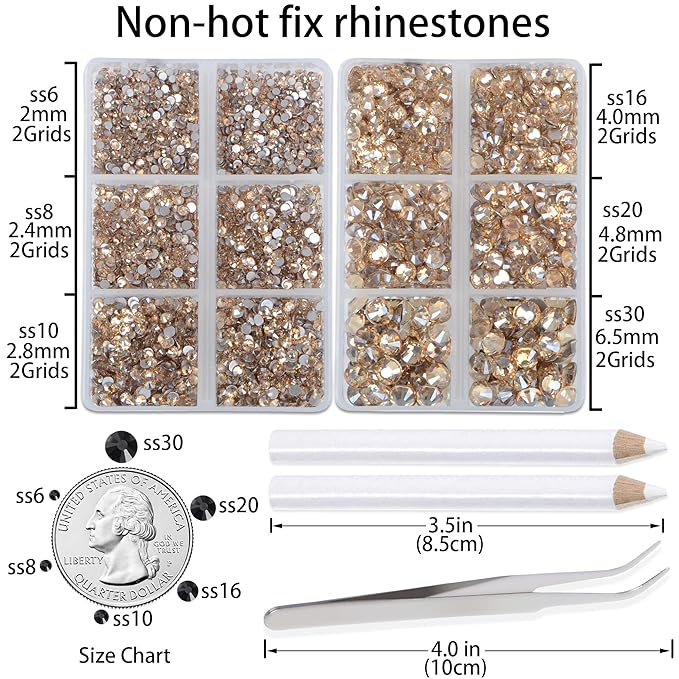 LPBeads 6000 Pieces Champagne Non Hotfix Rhinestones 6 Sizes Round Crystal Glass Flat Back Rhinestones with Tweezers and Picking Pen for Nail Art Crafts Clothes Bags DIY