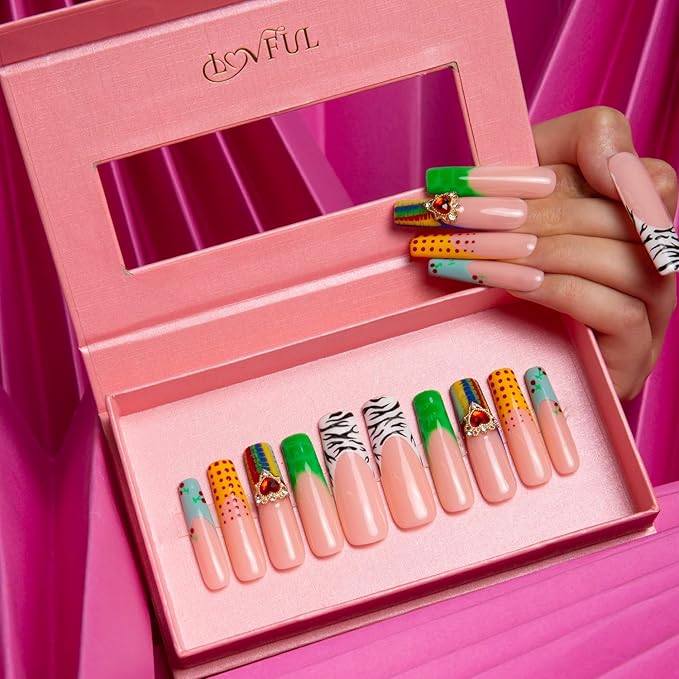 LOVFUL Press on Nails The Wonderful Meadow | Handmade with Full Covered Crystals | Reusable Fake Nails | Square Mid length 1.7in | H224-S