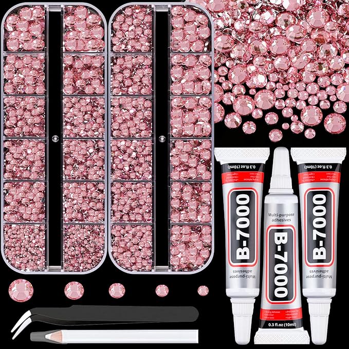 Resin Rhinestones for Crafting with B7000 Jewelry Glue, 2 Boxes Dark Pink Flatback Crystals with 3Pcs 10ml Glue for Bedazzling Crafts DIY Nail Art Makeup，Non Hotfix Gems for Clothing Shoes