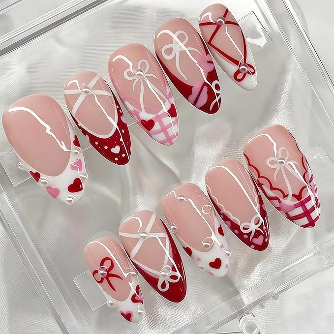 30Pcs Valentines Press on Nails Medium Almond Fake Nails with Pearl Rhinestones Designs Romantic Lips Heart False Nails Red White French Acrylic Nails Set Cute Pink Red Heart Stick on Nail for Women