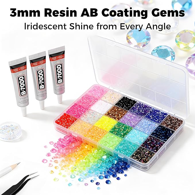 2026 New Resin Jelly Rhinestones for Bedazzling for Crafting Nails Face Makeup Crafts Tumblers,3mm Flatback Gems with Glue for DIY Crafts, Nail Art,Shoes,Clothing Decoration (24 Colors & 24000pcs-B)