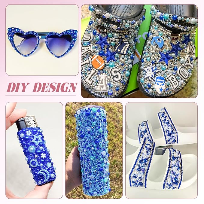 14000Pcs Flatback Pearls and Rhinestones for Crafting, Blue Series Mixed Size 3-8mm Resin Rhinestones and Half Pearls for Bedazzling, Nail Art with Tweezers and Pickup Pencil