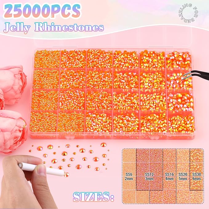 25000Pcs Orange AB Rhinestones for Bedazzling with B7000 Jewelry Glue, Non Hotfix Flatback Gems, Crystal Resin Rhinestones for Crafting Crafts Clothing Tumblers Mugs Shoes Fabric Decor Nail Art