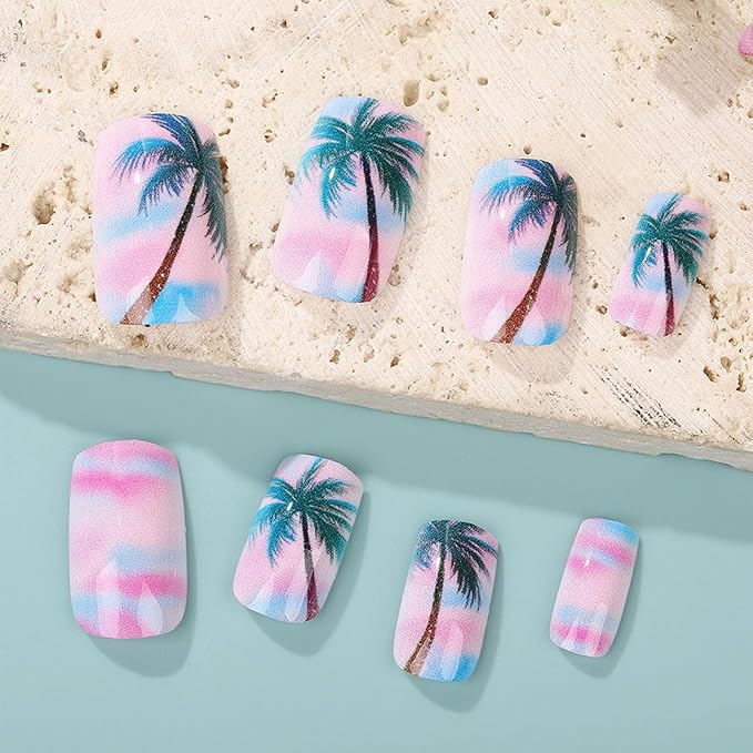 Medium Press on Nails Square Fake Nails with Design Palm Tree Glue on Nails Blue Pink Gradient Acrylic Nails Summer False Nails Reusable Artificial Nails Glossy Stick on Nails for Women Girls