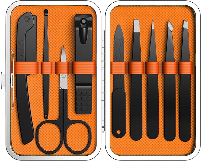 Yougai 9 Pcs Tweezers Set for Facial Hair Women with Travel Case, Professional Stainless Steel Eyebrow Tweezers Kit Great Precision Tweezers for Daily Beauty Tool