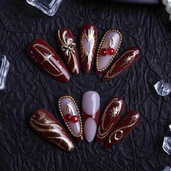 Valentines Long Press on Nails Almond Fake Nails Red Artificial Nail with Cherry and Gold Charm Designs Love Heart SEENEEY Stick on Nail for Women 30pcs
