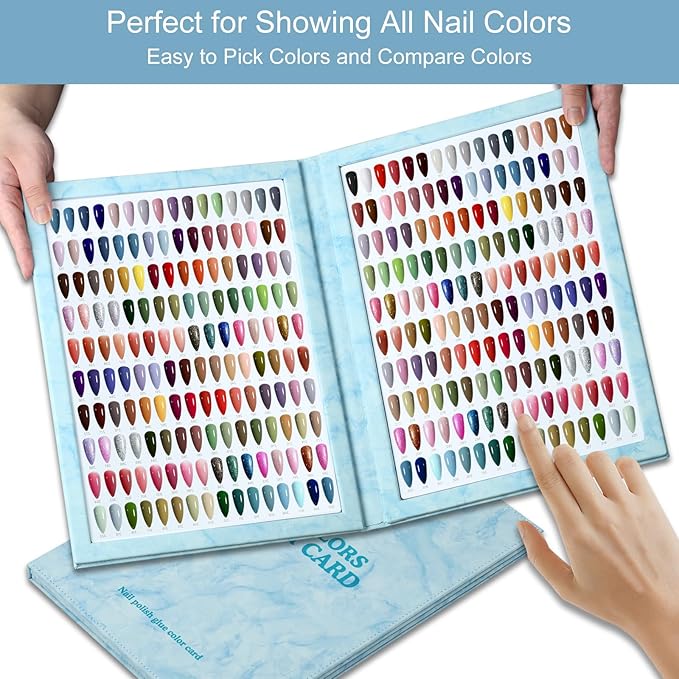 320 Nail Color Book,with 480 Flase Tips & 1-400 Number Sticker Labels,Leather Professional Nail Color Swatches Book for Polish UV Gel(Blue)