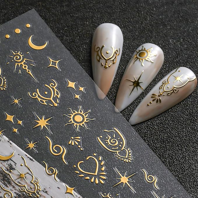 Moon Star Nail Stickers for Nail Art Metallic Sun Totem Nail Decals Holographic Laser Gold Silver Nail Stickers Sun Stars Moon Heart Boho Nail Art Designs Decals for Women Manicure 8 Sheets…