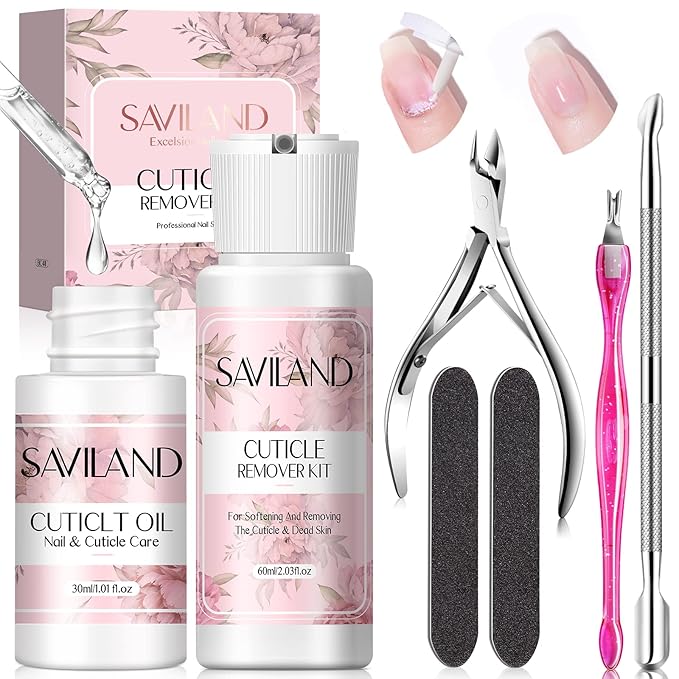 SAVILAND Cuticle Remover and Cuticle Oil Kit – Nail Care Kit with Cuticle Remover Liquid & 1.01 oz Cuticle Oil Cuticle Trimmer for Cuticle Softener & Moisturize Manicure Kit for Home Use