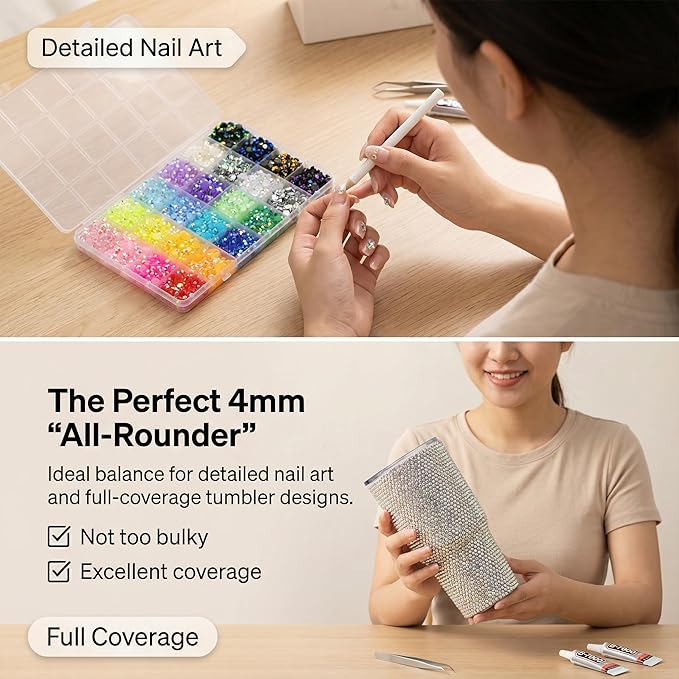 17000Pcs Rhinestones for Bedazzling, 4mm Bedazzler Kit with Flatback Rhinestones for Clothes Crafting Crafts Nails Clothing, Flat Back Resin Rainbow Colorful Colored Crystal with B 7000 Glue Clear