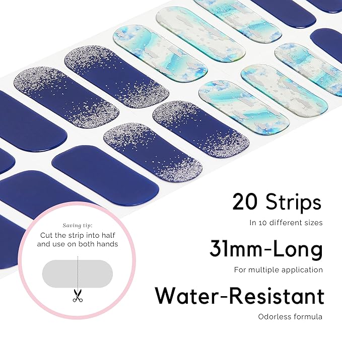 NAILOG Semi Cured Gel Nail Strips, Extra Long Nail Polish Strips (20 Pieces), Long Lasting Semi Cured Nail Stickers with Soft Glossy Gel Finish, Lake Dawn