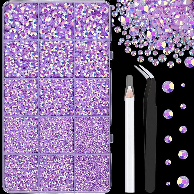 16000Pcs Resin Jelly Rhinestones with Tweezers for Crafting, Lavender Purple AB 2-6mm Mixed Sizes Flatback Gems, Bedazzling Crystal for DIY Crafts Clothing Tumblers Mugs Shoes Fabric Nail Art